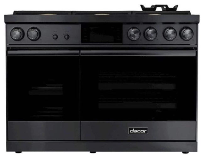 Front. Dacor - 48 in. Wide 6 Burner Contemporary 6.6 Cu. Ft. Slide-In Double Oven Dual Fuel Four-Part Pure Convection Range - Graphite Steel.