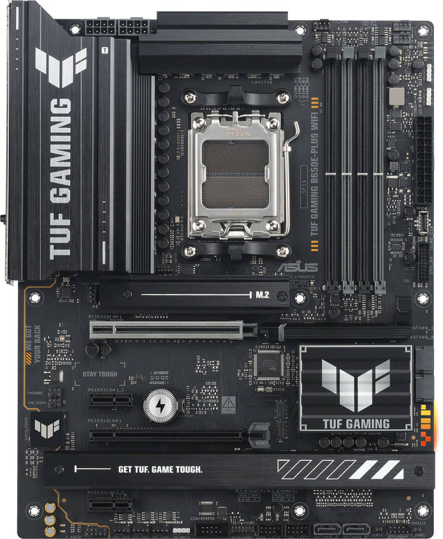 The text on the image reads:

"GAMING TUF T LOA1718 HHO DIMAZ DIMMESI DIWHEDS = AMBA WIFI RYZEN B650E-PLUS SFI AM5 GAMING TUF ASUS 2_11 0KE DL 1 1 1 5 1 + M.2 GOT BACK WE In YOUR 05 TM STAY TOUGH nhno_ribe D ATABG_ : ATS_2 PHOSOOE COM_BEBUG PUDIO_COVER PCIEXI O4 3_1 XRRAA LERERES JEI PCIEXI G4) S TUF GAMING GET TUF. GAME TOUGH. PCIEXIE KSE1AS SKALIA A.EEEA..R. COM .000  CRTC CHASSES F_PANEL"

The text is a combination of various descriptions and features of the TUF Gaming motherboard, including the brand, m