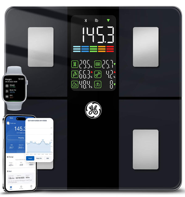 GE - Smart Scale for Body Weight, 14 Body Composition Metrics, Large LED Display, Bluetooth Digital Scale with App, 400 lb - Black