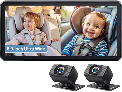 PRIMEPLUS - 2-Kids Baby Car Camera - Dual 1080P HD Monitor with 6.9" Ultrawide Display, USB Powered, 940nm No-Light Night Vision