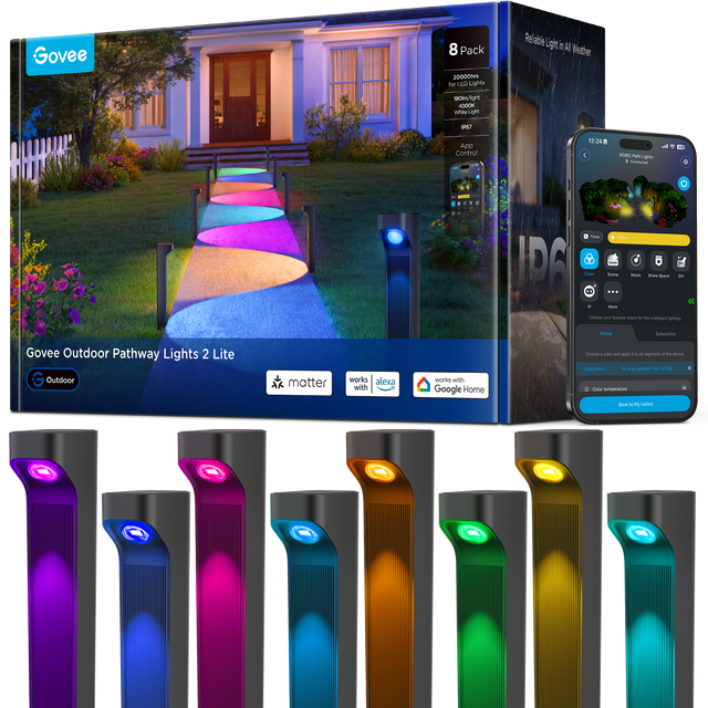 Govee 8 Pack 2000 Lumen LED Lights Reliable Light in All Weather 190kmligh OOCK White Light M? App Control: 12:24 - 4 * H. OBC 1 Cemactad - se IDA F Sana - - Saos - - Chasa - - - - - h aTs - Sunserto Govee Outdoor Pathway Lights 2 Lite G Outdoor matter works alexa with works with Google Home Cama - - - Lams - - - sg 1 - 1a - y corr B