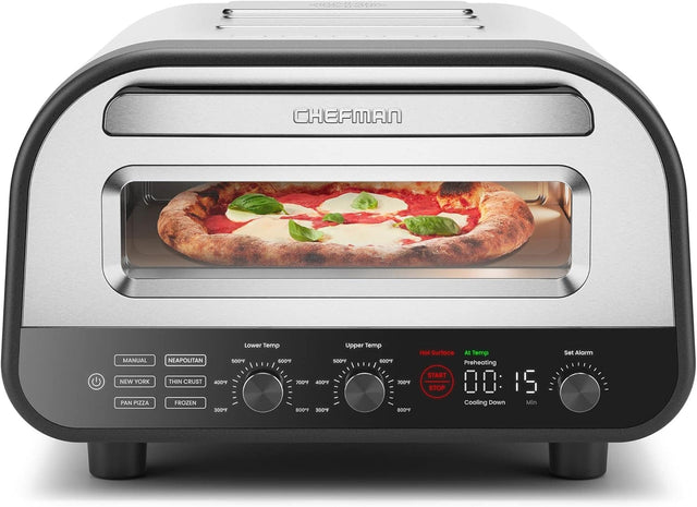 **CHEFMAN MANUAL**

**NEW YORK PAN PIZZA**

- **Lower Temp:** 500°F
- **Upper Temp:** 600°F

**NEAPOLITAN**

- **Lower Temp:** 500°F
- **Upper Temp:** 600°F

**THIN CRUST**

- **Lower Temp:** 400°F
- **Upper Temp:** 700°F

**FROZEN**

- **Lower Temp:** 300°F
- **Upper Temp:** 300°F

**Hot Surface**

- **START STOP**

**At Temp Preheating**

- **00:15**

**Cooling Down**

- **Min**

**Set Alarm**

**PAN PIZZA**

**FROZEN**

**MANUAL**

**NEAPOLITAN**

**NEW YORK**

**THIN CRUST**

**400°F**

**300°F**
