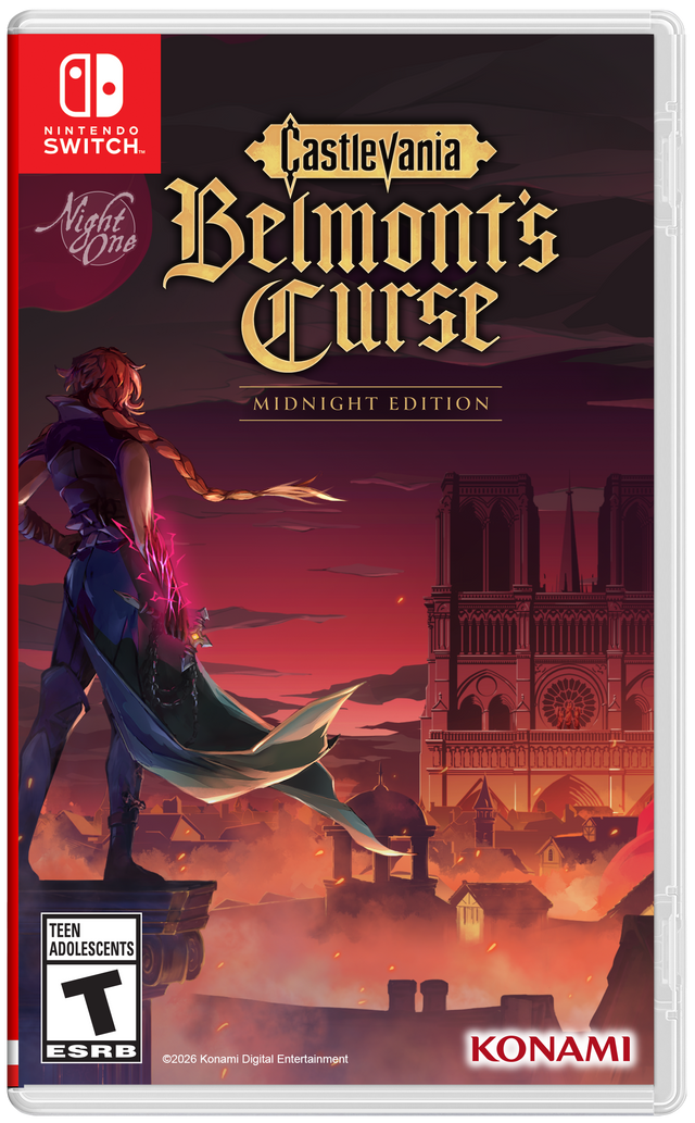 NINTENDO SWITCH Castlevania Night One Belmont's Curse MIDNIGHT EDITION  
TEEN ADOLESCENTS T ESRB 2026 Konami Digital Entertainment  
KONAMI