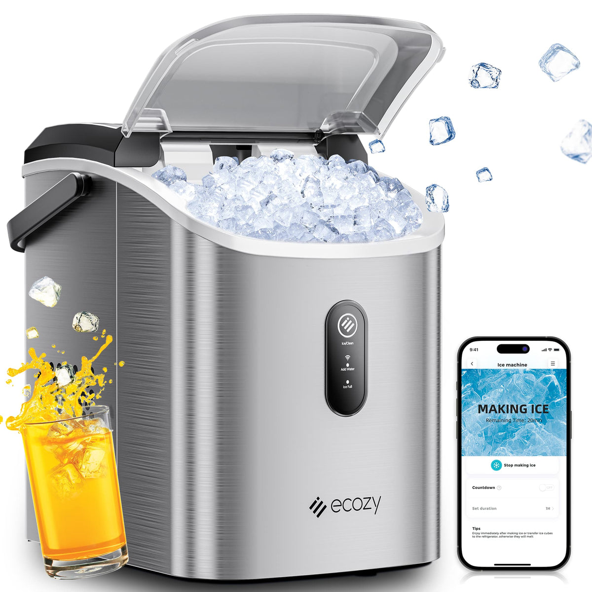 Ecozy - 33lb. Smart Nugget Countertop Ice Maker, Portable Pebble Ice Machine with Voice Control - Stainless Steel