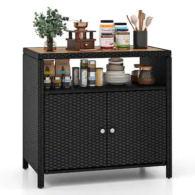 Costway - Patio Rattan Storage Cabinet with Acacia Wood Countertop Open Shelf 2 Door Cabinet