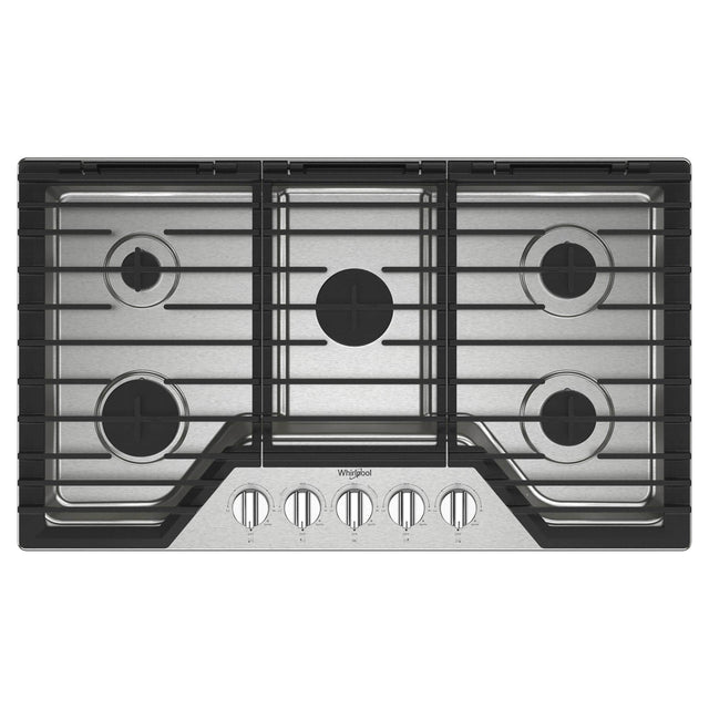 Front. Whirlpool - 36 in. Wide 5 burners Built-In Gas Cooktop with EZ-2-Lift Hinged Cast-Iron Grates - Stainless Steel.