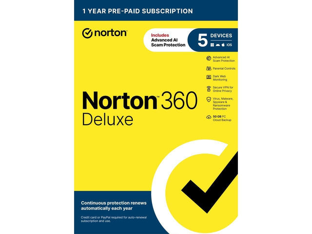 1 YEAR PRE-PAID SUBSCRIPTION  
Norton 360 Deluxe  
Includes Advanced AI Scam Protection  
5 DEVICES  
- Advanced AI Scam Protection  
- Parental Controls  
- Dark Web Monitoring  
- Secure VPN for Online Privacy  
- Virus, Malware, Spyware & Ransomware Protection  
- 50 GB PC Cloud Backup  

Continuous protection renews automatically each year  
Credit card or PayPal required for auto-renewal subscription and use.