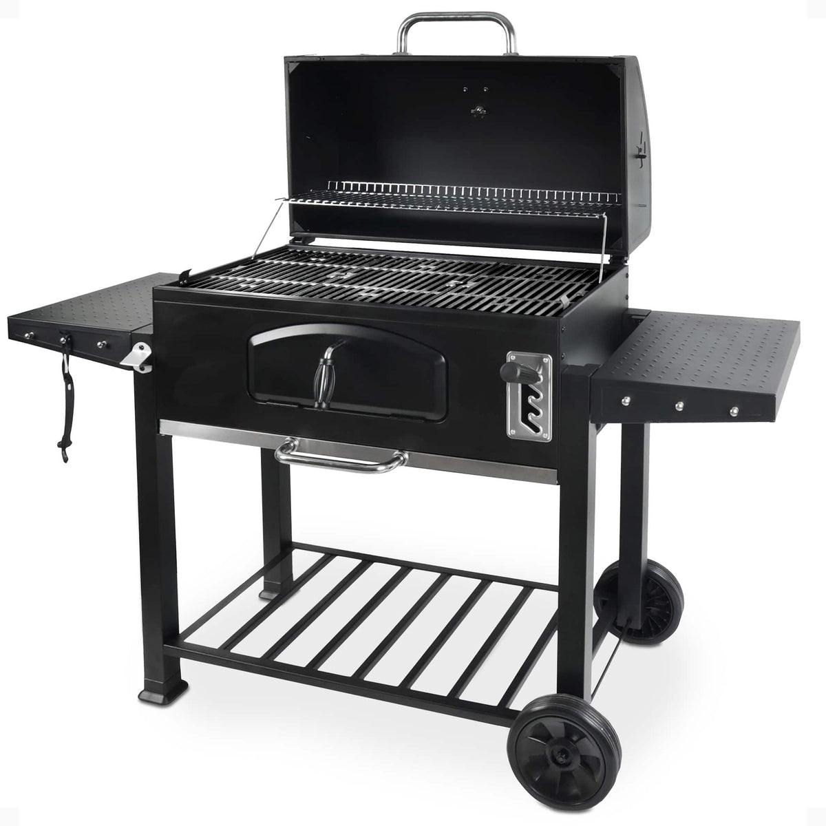 Grill Boss - 32 Inch Charcoal BBQ Grill, Side Shelves, Built In Thermometer - Black