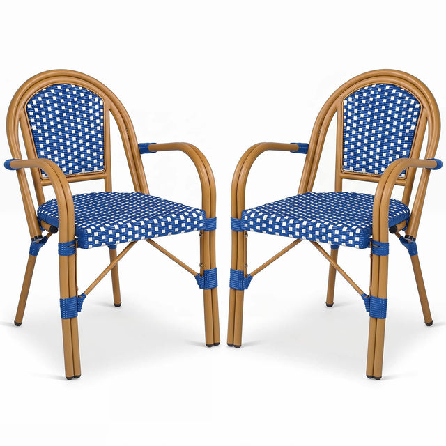 Front. Gymax - Gymax Outdoor French Bistro Chairs 2 PCS w/ Armrests Galvanized Metal Frame Blue & White - Blue, White.
