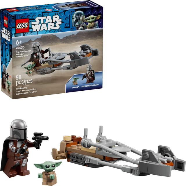 A LEGO Star Wars set, specifically LEGO 75436 "The Mandalorian & Grogu's Speeder Bike," is designed for ages 6 and up. It includes 58 pieces and is a building toy. The set features The Mandalorian and Grogu minifigures.