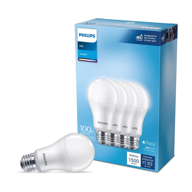 PHILIPS LED Daylight  
Designed for the comfort of your eyes  
100W replacement  
4 Pack A19 bulb  
Medium base  
Brightness: 1500 lumens  
Estimated Energy Cost: $1.63 per year
