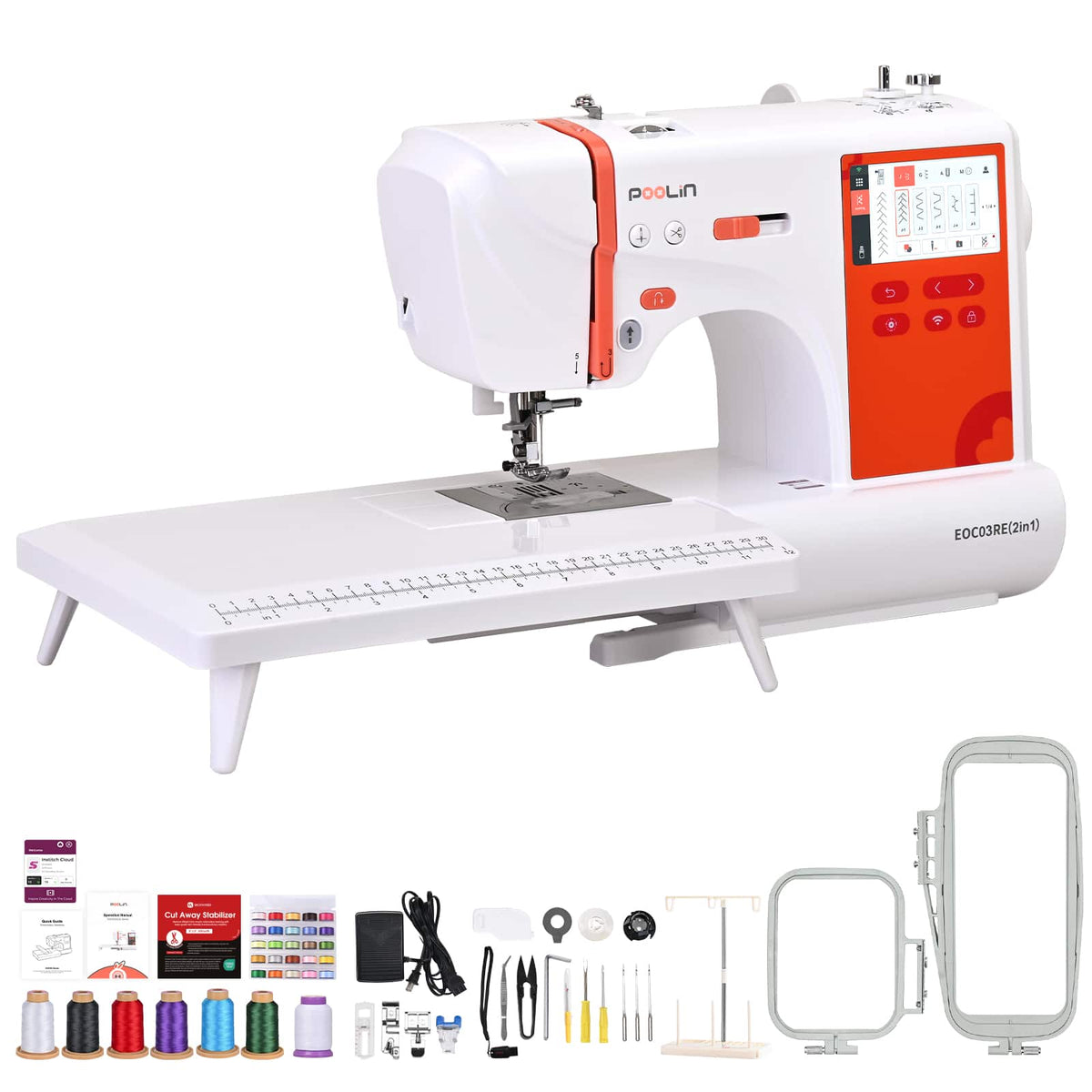 Poolin - EOC03-RE 2in1 Sewing & Embroidery Machine 9.2x4" Area, 4.3" Touch Screen with Wifi Sidework & Gift - White