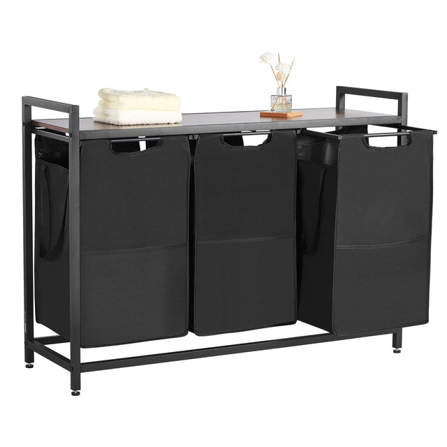 Front. VEVOR - 3Section Laundry Sorter,Large Laundry Hamper with Metal Frame and Wooden Tabletop,Freestanding Storage Organizer Baskets - Black, Brown.