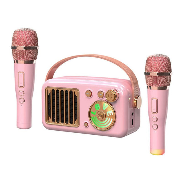 Front. PRIMEPLUS - Portable Karaoke Machine, Bluetooth Speaker System, Voice Effects, 2 Wireless Microphones - Pink.