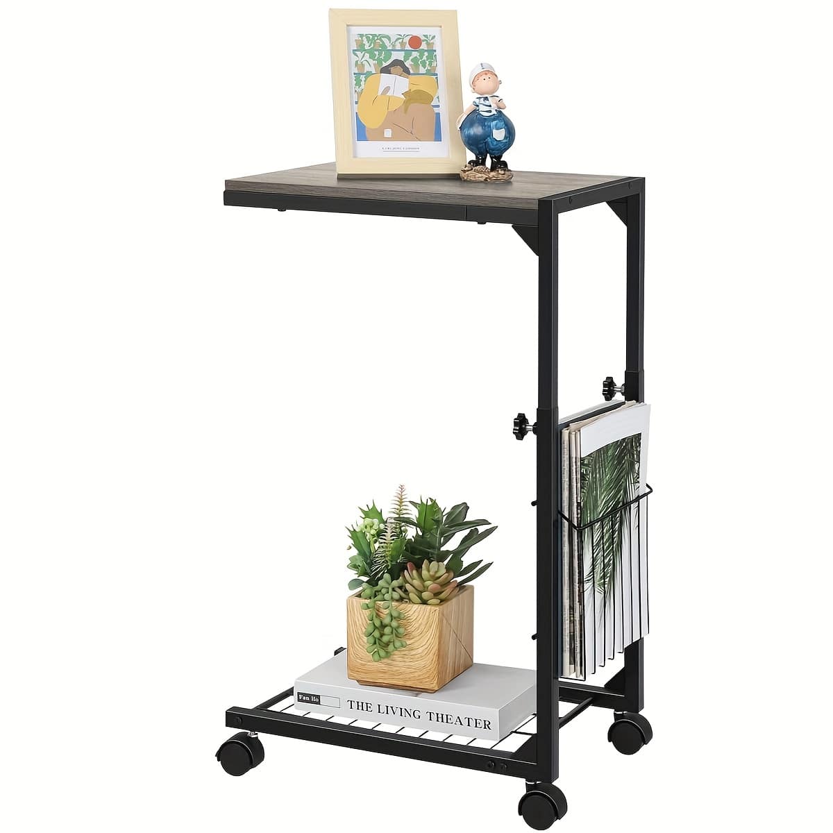 Oumilen - Adjustable Height Rolling Side Table with Storage Basket & Mesh Shelf - Gray