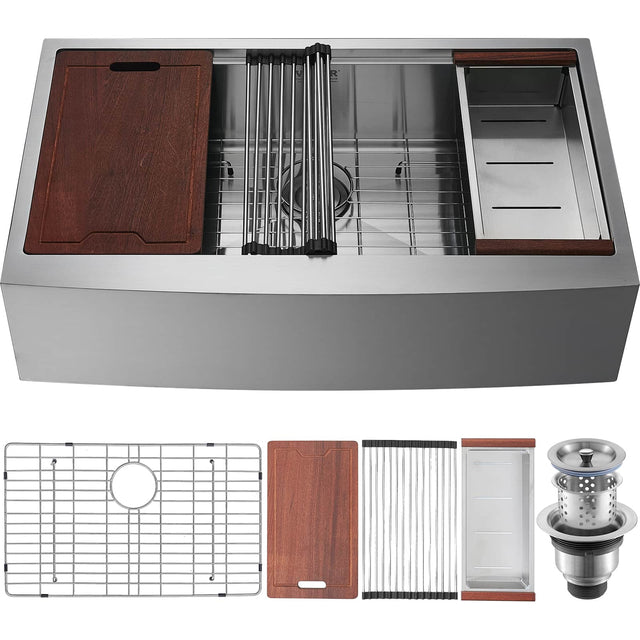 Front. VEVOR - Farmhouse Kitchen Sink, 304 Stainless Steel Drop-In Sinks, Top Mount Single Bowl Basin with Ledge & Accessories - Silver.