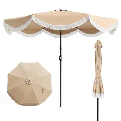 Costway - 9 FT Patio Umbrella with Fringe, Push Button Tilt, Crank, 8 Sturdy Ribs for Garden