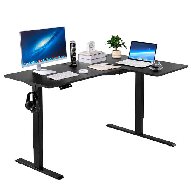 Front. VEVOR - L Shaped Desk, Electric Adjustable Height Corner Gaming Desk with Dual Hooks, Heavy Duty Carbon Steel - Black.