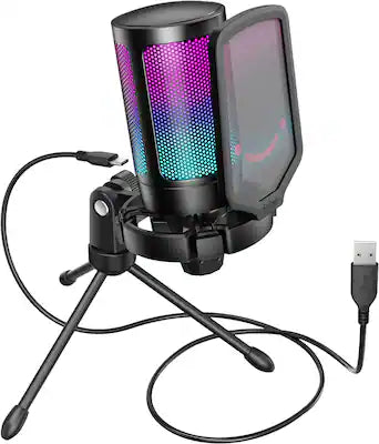FIFINE - A6V USB Condenser Microphone with RGB Lighting - Plug & Play USB-C, Touch Mute for PC, PS5, Streaming