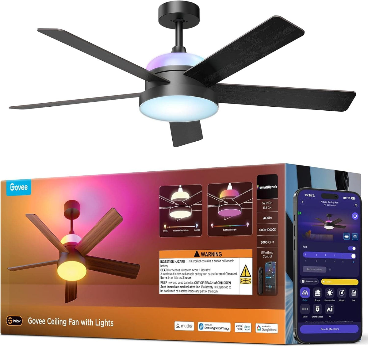 Govee - Smart RGBWW+RGBICWW 52inch Fan Light - Black