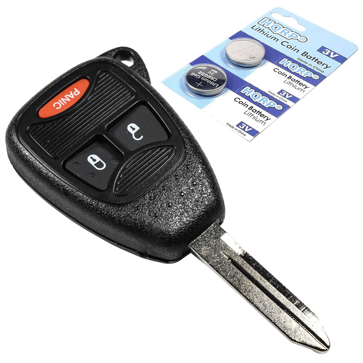 HQRP - Uncut key fob shell case and blade, 3-button, includes 2 batteries, for Jeep Liberty, Wrangler - Black