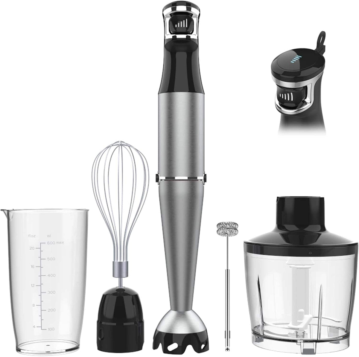 Core Tech - 1100W 5-in-1 Immersion Hand Blender Set with Variable Speed Trigger, Chopper, Whisk and Milk Frother - Gray