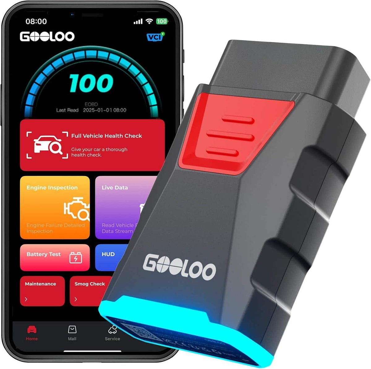 GOOLOO - DS100 OBD2 Scanner, Bluetooth All System Diagnostic Code Reader for iOS/Android, 6 Maintenance, Battery Test