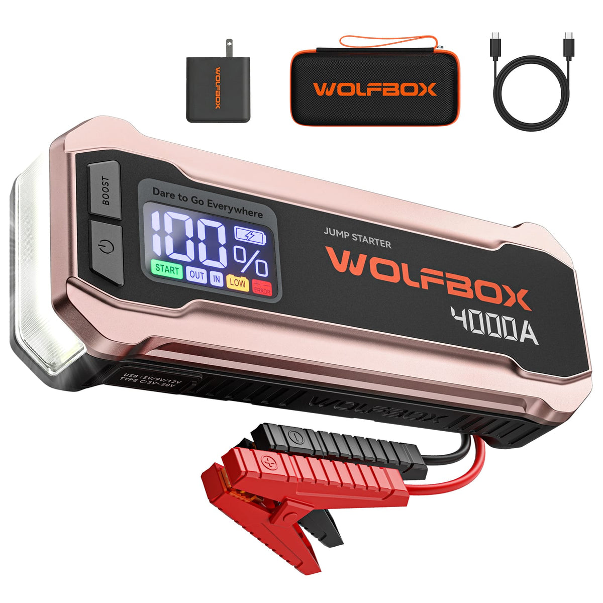 WOLFBOX - 4000A Portable Car Jump Starter - 88.8Wh Battery Booster for Up to 10.0L Gas & Diesel Engines, 65W PD Fast Charging