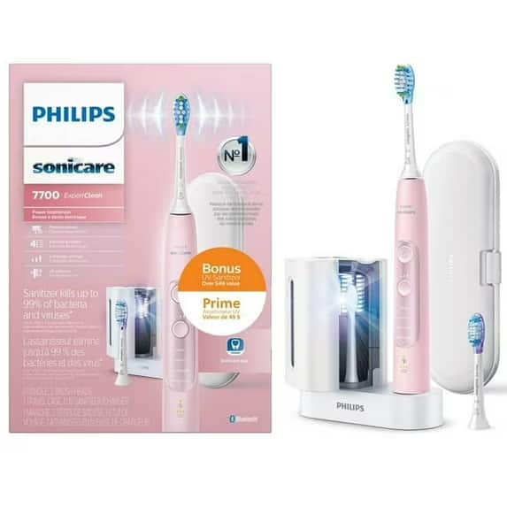 PHILIPS sonicare  
7700 ExperCleon  

Bonus  
Prime UV Sanitizer  

Sanitizer kills up to 99% of bacteria and viruses  
L'antiseptique élimine jusqu'à 99% des bactéries et des virus  

BRUSHHEAD TRAVEL CASE  
CHARGEUR  
BROSSE  
BLUTOETS  

PHILIPS