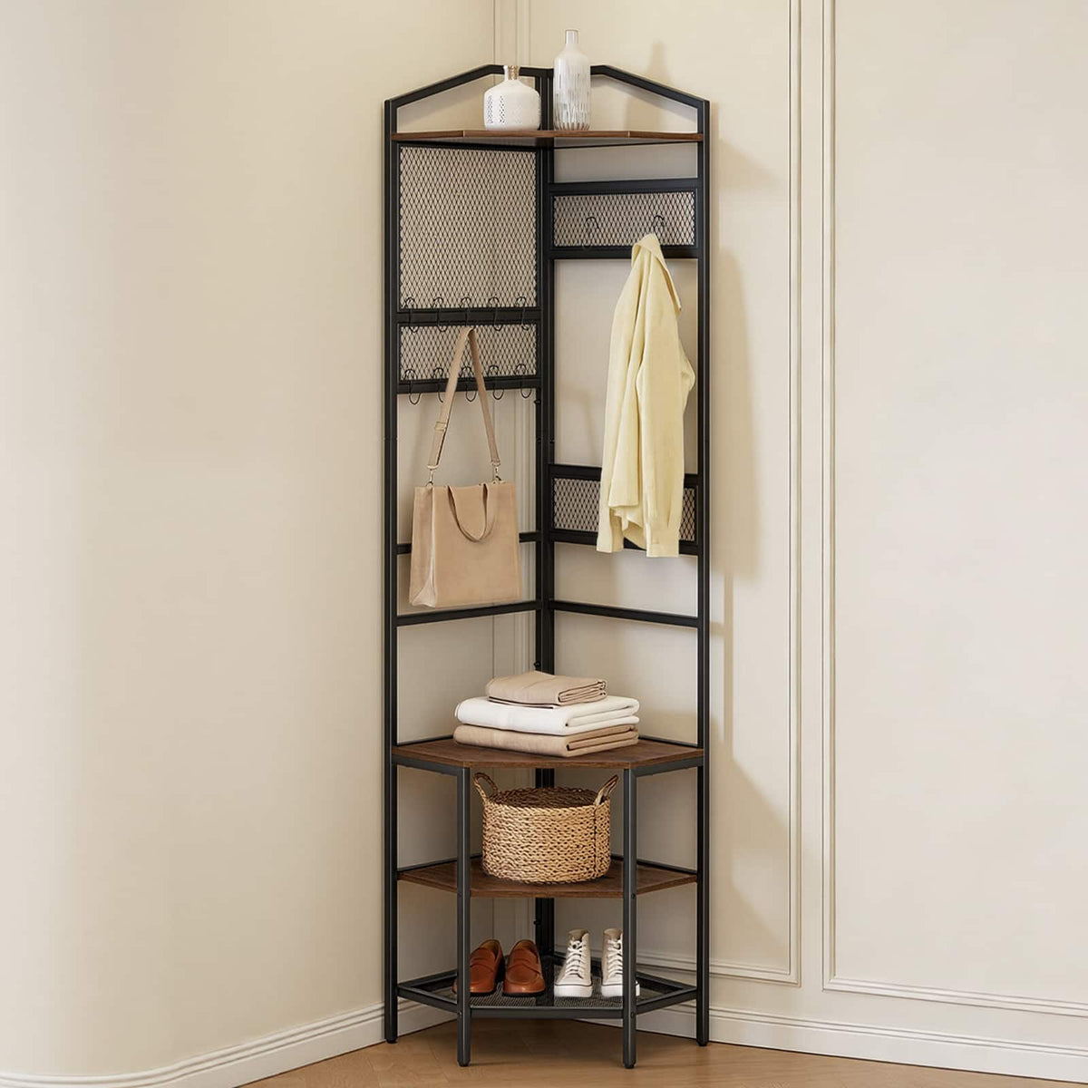 VEVOR - Corner Hall Tree, 71.3 in Coat Rack with Hooks, Top Shelf & Steel Frame, Freestanding Clothes Shoes Rack Storage - Brown