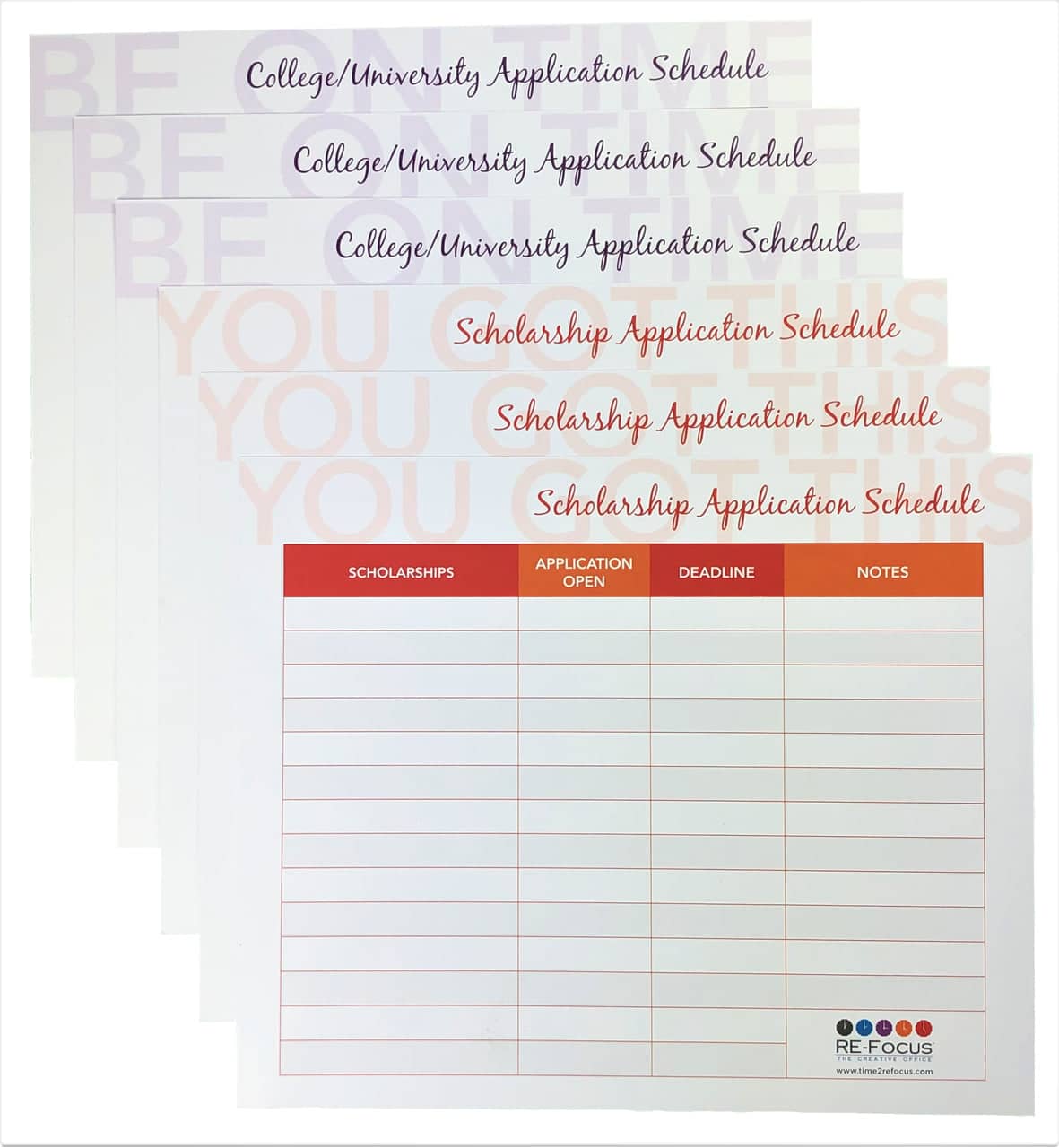 RE-FOCUS THE CREATIVE OFFICE - College/University & Scholarship Timeline/Organizer/Planner, 6 count