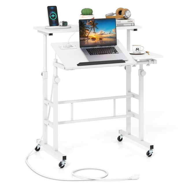 Front. Costway - Costway Mobile Stand up Computer Desk Rolling Standing Laptop Cart with 2 Tilting Desktops Height Adjustable - White.