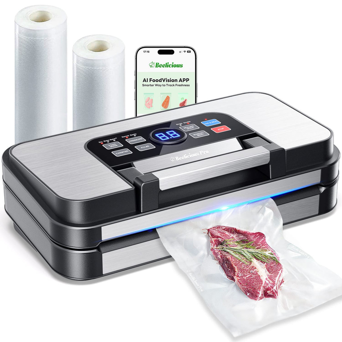 Beelicous - 95Kpa Powerful Precision Pro Vacuum Sealer with Double Heat Seal & Double Pump - Blue