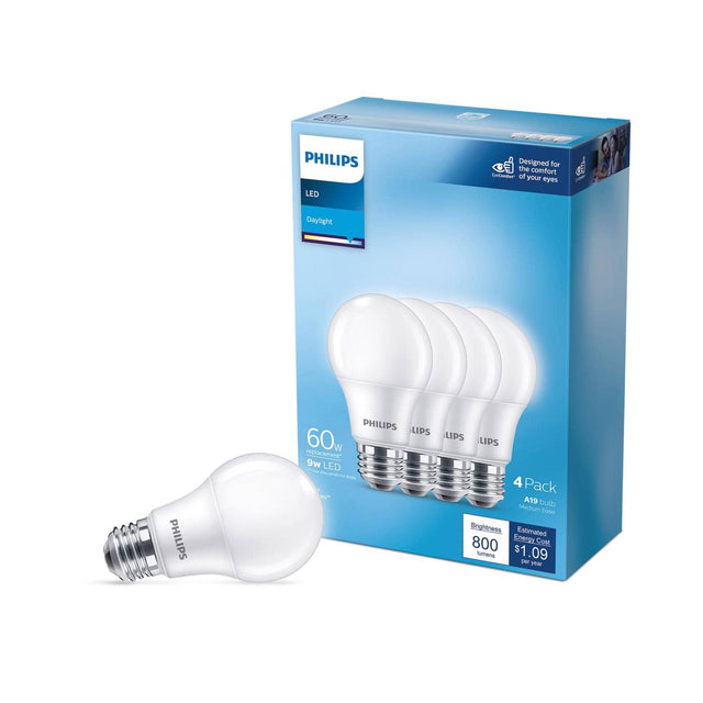 90 PHILIPS LED FA C  
Designed for the comfort of your eyes  
Daylight  
PHILIPS  
60w replacement  
9w LED  
4 Pack  
A19 bulb  
Medical Base  
Brightness: 800 lumens  
Estimated Energy Cost: $1.09 per year