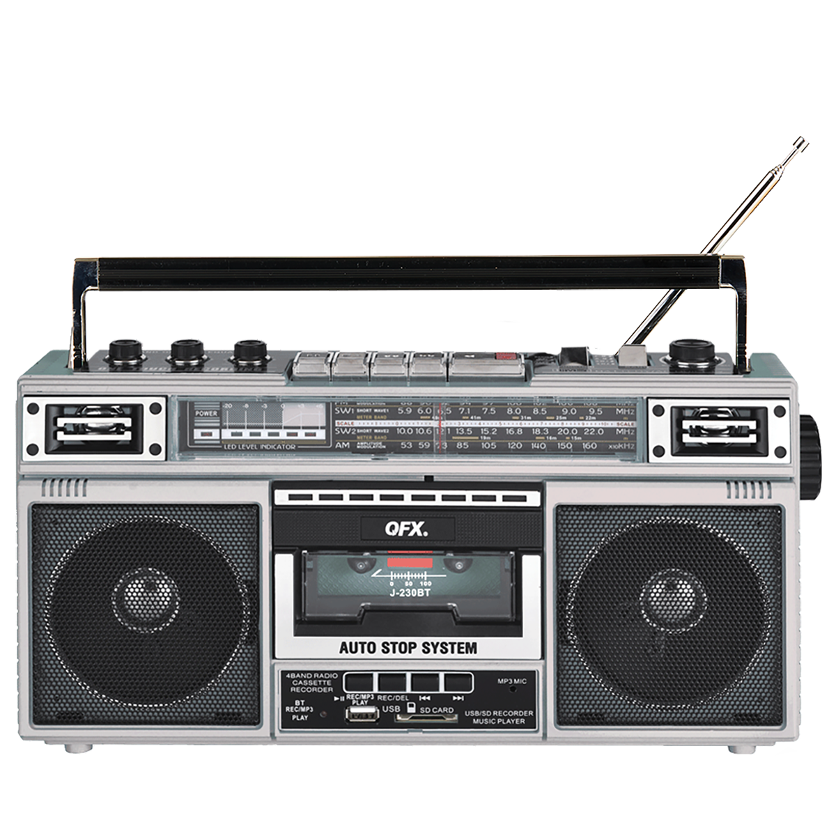 QFX - RECHARGEABLE CASSETTE AM/FM/SW1-2 RADIO BLUETOOTH BOOMBOX WITH USB RECORDING - Silver