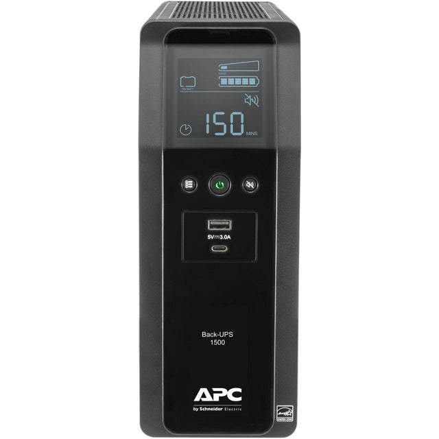 Front. APC - UPS Battery Backup Pro, 1500VA/900W, Tower, 10 Outlets, LCD Display, USB-A + USB-C ports - Black.