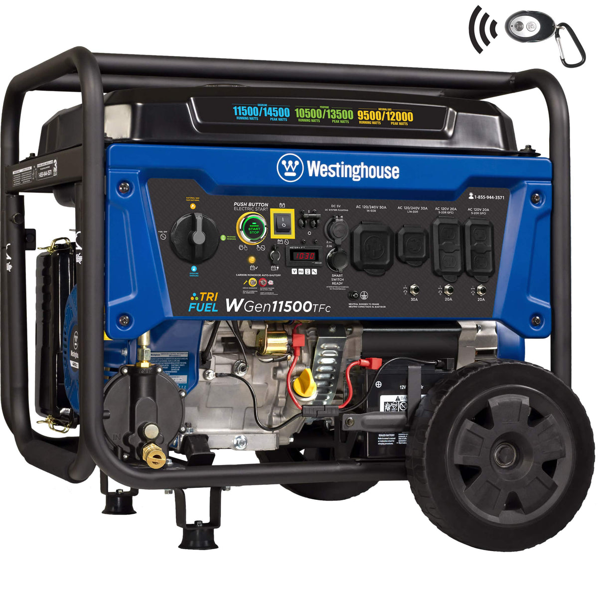 Westinghouse - 14,500-Watt/11,500-Watt Remote Start Tri-Fuel Portable Generator with Transfer Switch Outlet, Remote Start and CO Sensor - Blue
