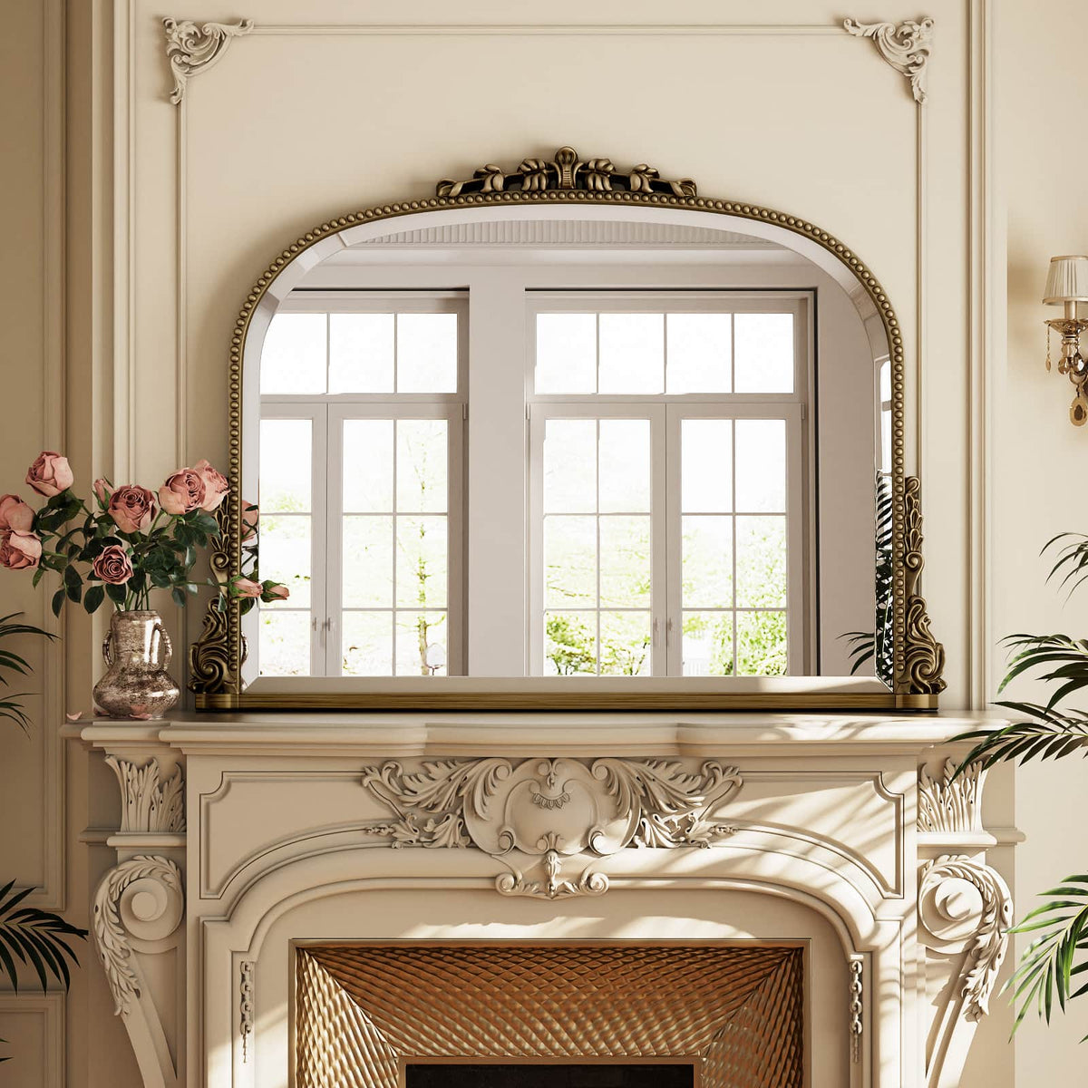 Easly - 36 in. W x 27 in. H Carved Arched PU Frame Vanity Wall Mirror - Antique Bronze