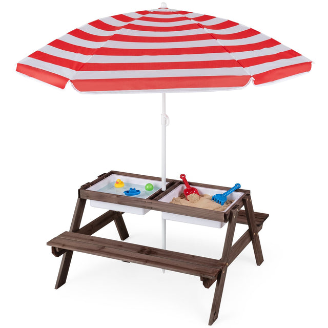 Front. Costway - Costway 3-in-1 Kids Picnic Table Wooden Outdoor Sand & Water Table with Umbrella Play Boxes - Red+White.