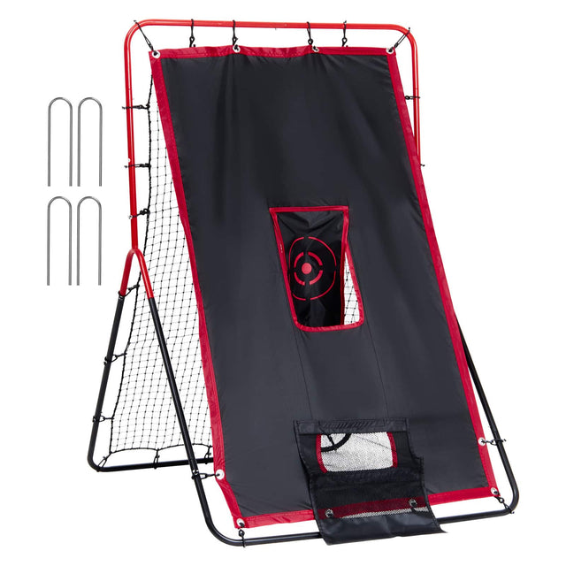 Front. VEVOR - Baseball And Softball Rebounder Net, 3.5 x 4.5 ft 2-in-1 Switch Hitter Pitch Trainer, PitchBack Baseball Pitching  Nest - Red + black.