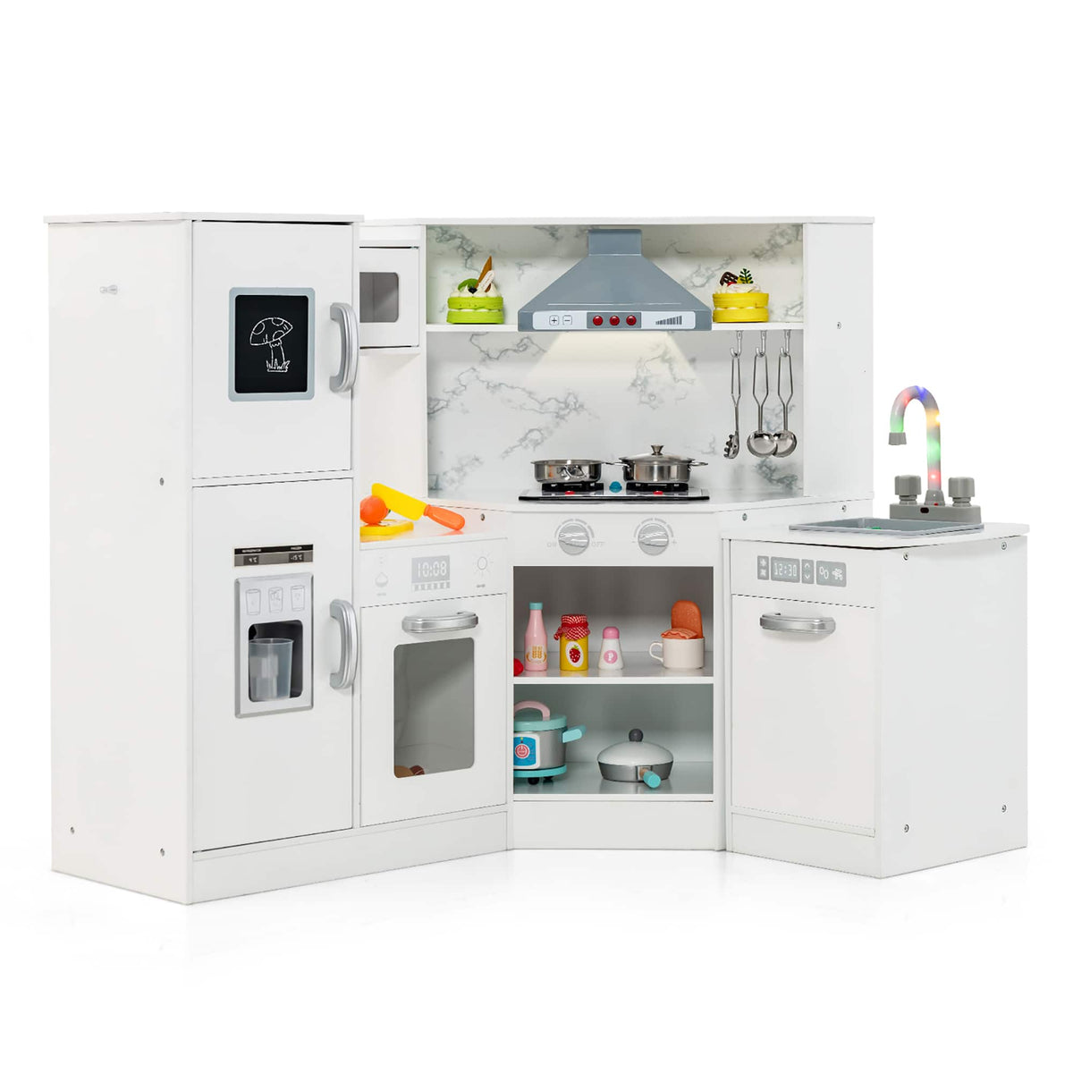 Gymax - Kids Corner Kitchen Playset Wooden Pretend Play Toy with Microwave - White