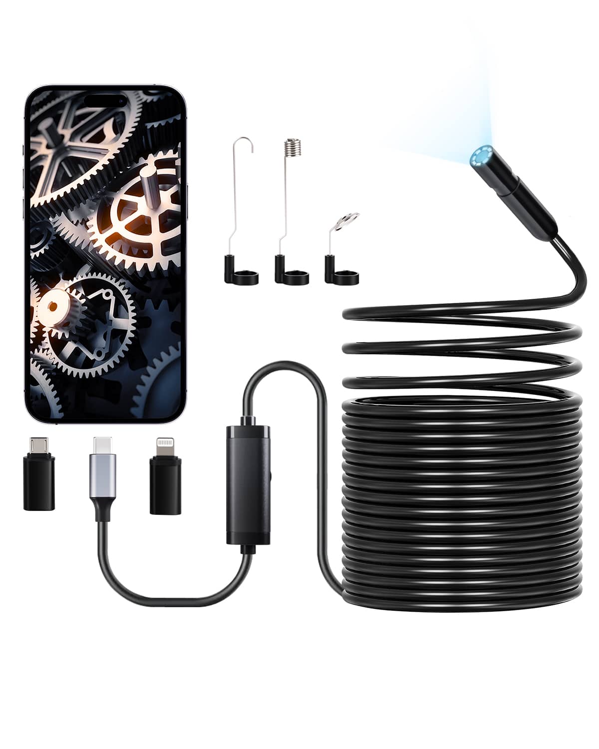 VEVOR - Endoscope Camera with 49.2FT Semi-Rigid Cable, 1920P HD Borescope for Android & IOS, Industrial Inspection Camera - Black