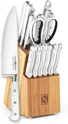 Cook N Home - Basics Bamboo Kitchen Cutlery Block Set with Knifes, High Carbon Stainless Steel Blade, 15-Piece