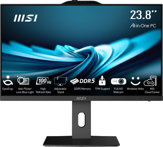 23.8" All-in-One PC  
100 Hz  
DDR5  
EyesErgo  
Anti-Flicker  
High Refresh Rate  
Adjustable Stand  
Less Blue Light  
DDR5 Memory  
TPM Support  
Full HD Webcam  
Windows Hello  
MSI Cloud Center