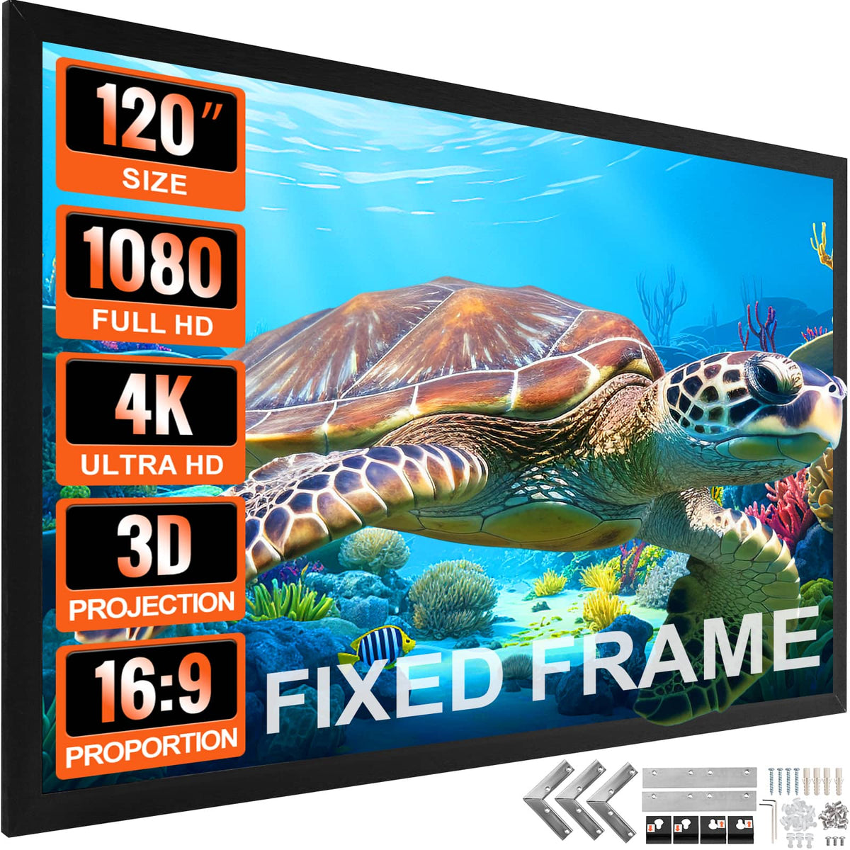 VEVOR - Projection Screen 120 inch 16:9 Movie Screen Fixed Frame 3D Projector Screen for 4K HDTV Movie Theater Home - Black, White