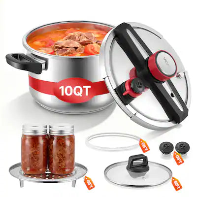 VEVOR - Pressure Cooker, 10Qt Pressure Cooker Stainless Steel, Pressures Canner with Steaming Rack, Tempered Glass Lid