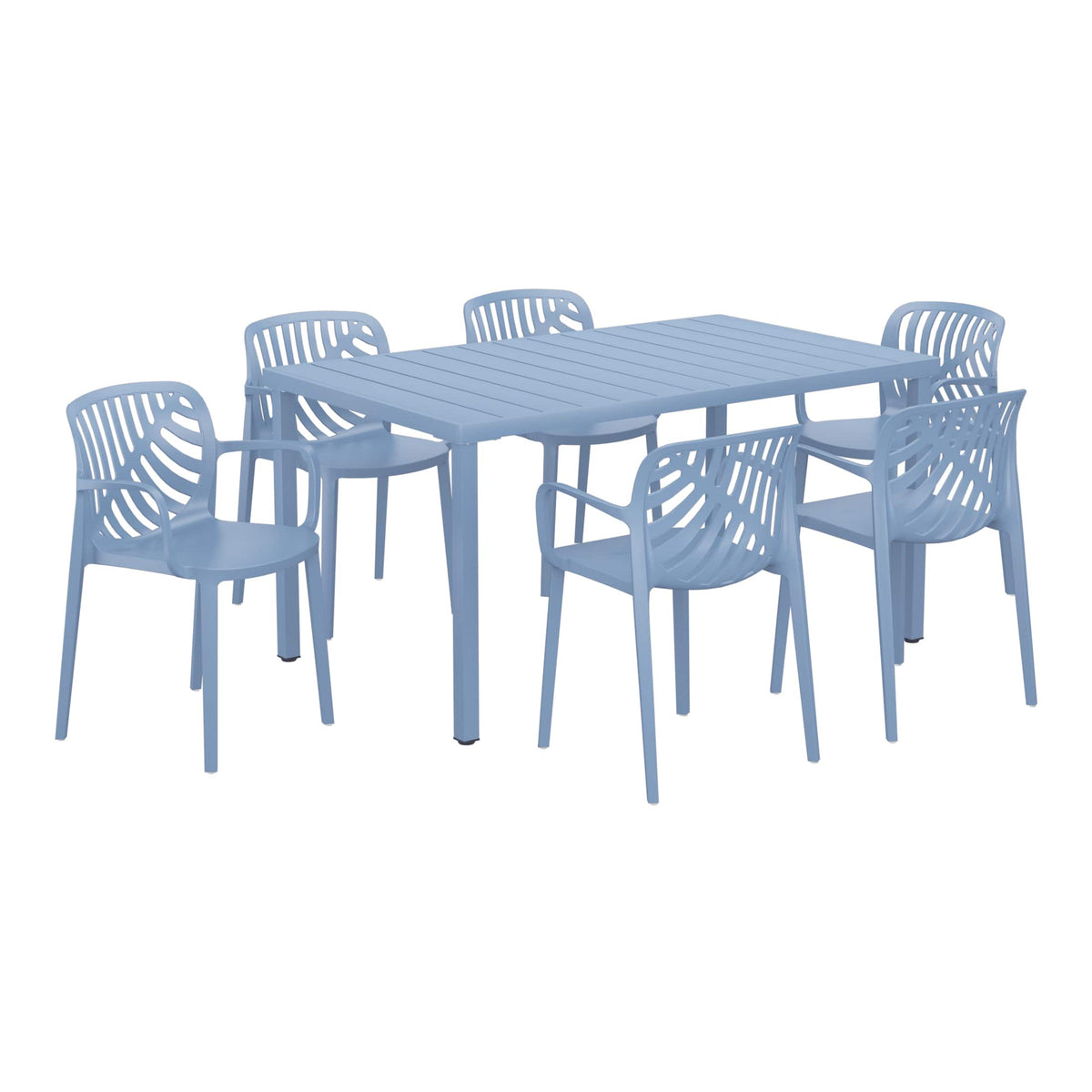 WestinTrends - Playa 7-Piece Outdoor Metal Rectangle Patio Dining Table Set With Stackable Resin Patio Dining Chairs - French Blue