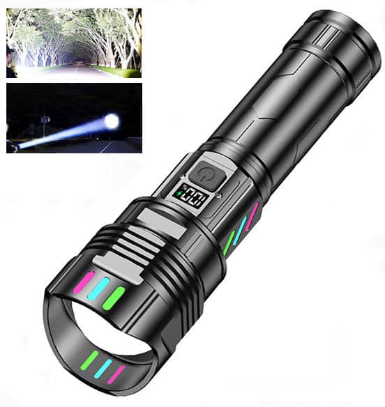 Front. PRIMEPLUS - A08 5000mAh Rechargeable Tactical Flashlight 1000 Lumens, 500m Beam, Zoomable, 5 Modes – Emergency, Camping, Hiking - Black.