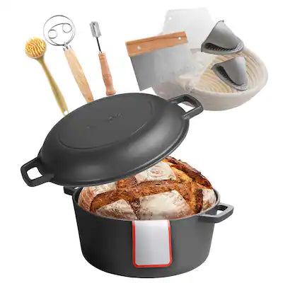 VEVOR - Cast Iron Dutch Oven, 2-in-1 Pre-Seasoned Pot with Skillet Lid, 5QT Cookware Pan, Bread-Oven Compatible 500℉