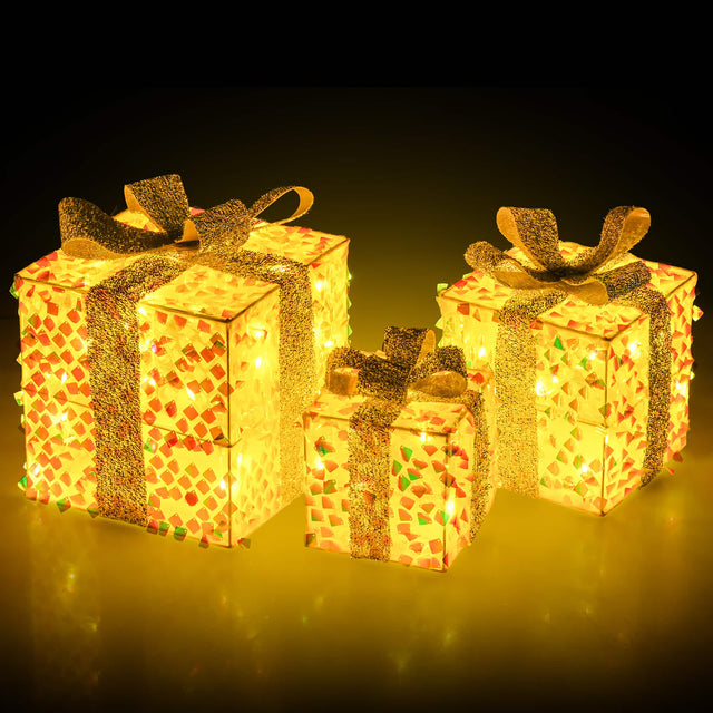 Front. Gymax - Gymax 3 PCS Christmas Lighted Gift Boxes w/ 90 LED Lights Zip Ties Ground Stakes - Warm White.